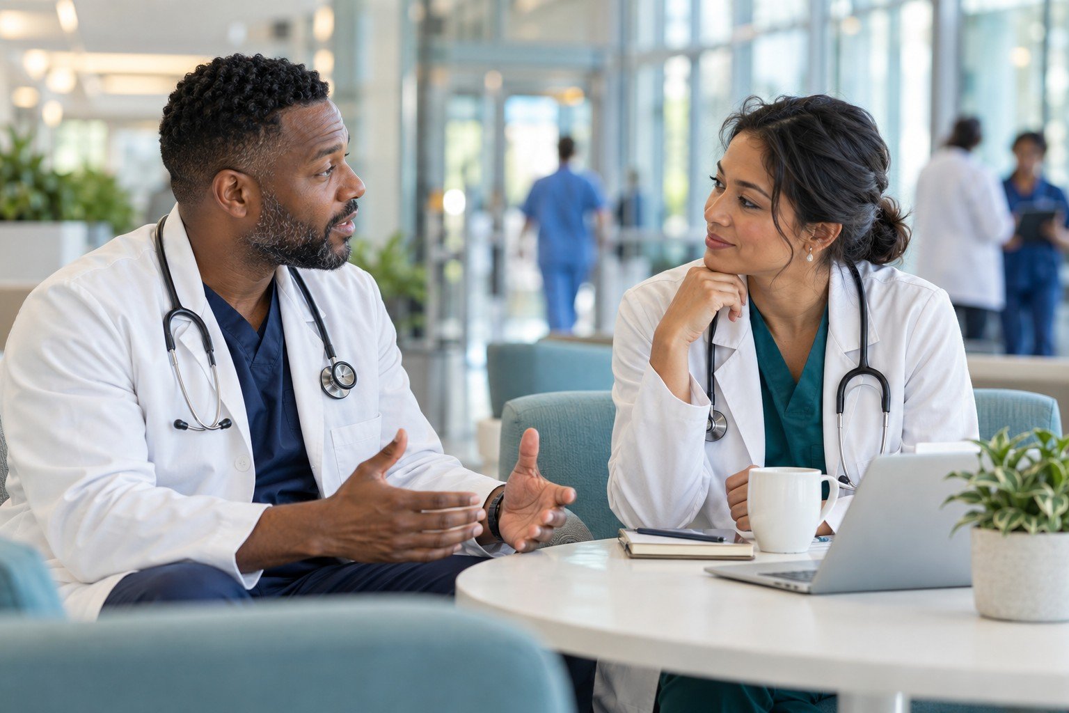 Physicians sharing a supportive conversation in a hospital lounge